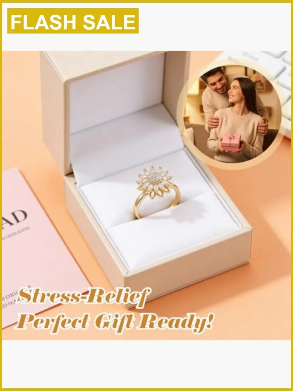 Adjustable Spinner Fidget Ring for Anxiety Relief, Gold CZ Ring